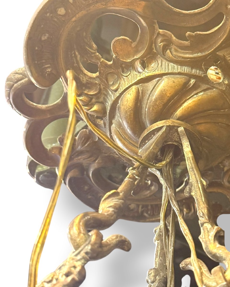 Lustre en Bronze et Laiton avec cloche en Opaline - Italie, début du XXe siècle-photo-2